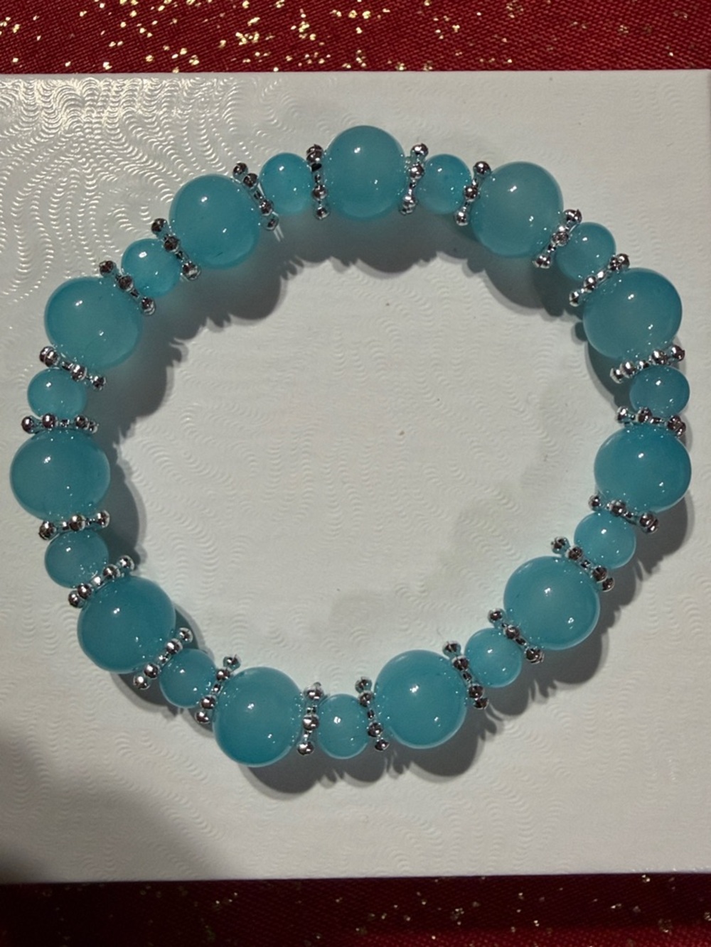 Turquoise Glass Bead Stretch Bracelet with Silver Accents